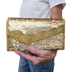 Vintage La Regale Gold Sequin Envelope Clutch Evening Bag 90s Glam Formal